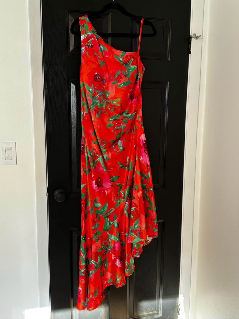Asymmetric Floral Midi Dress in Bright Orange